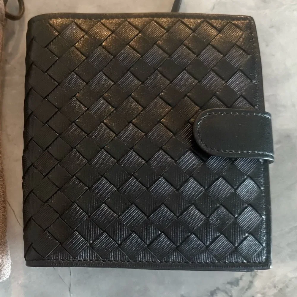 Bottega Veneta Black Intrecciato Wallet, Snap Closure, New
